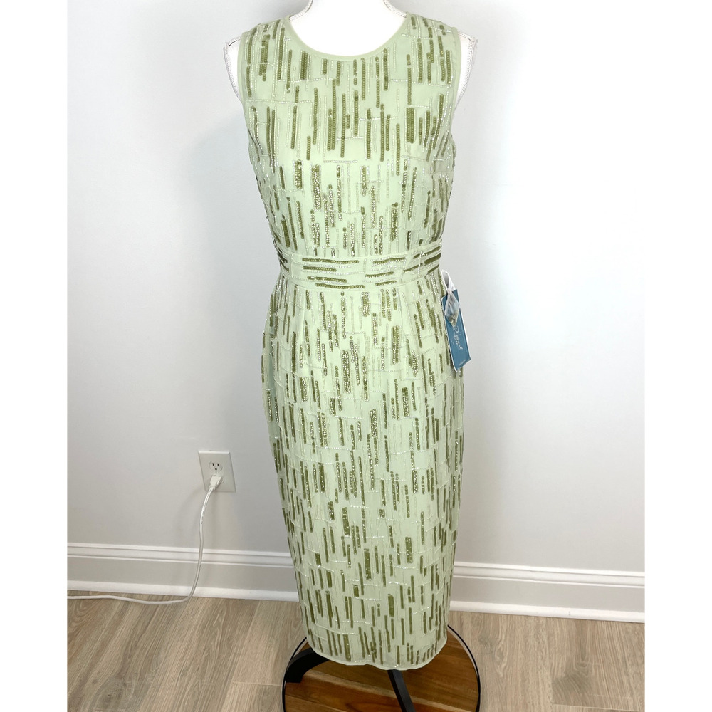 Mac Duggal Abstract Beaded Sleeveless Midi Dress In Sage Green 70264 Size 6 New - Picture 2 of 13